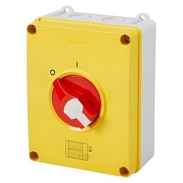 Vačkový vypínač nástěnný GEWISS GW70437P, 0/1 emergency, 63 a 3p, uzamyk. červený knoflík, IP65