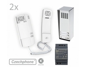 Sada Czechphone DUO Standard GENOVA na zeď pro 2 rodiny: 2x domovní telefon, zvonkové na zeď a síťov
