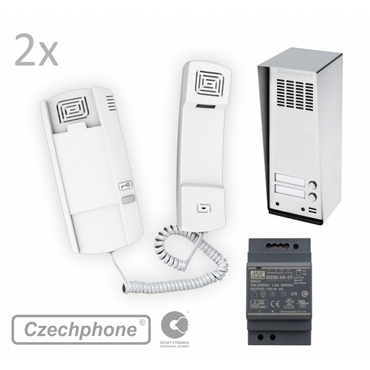 Sada Czechphone DUO Standard GENOVA na zeď pro 2 rodiny: 2x domovní telefon, zvonkové na zeď a síťov