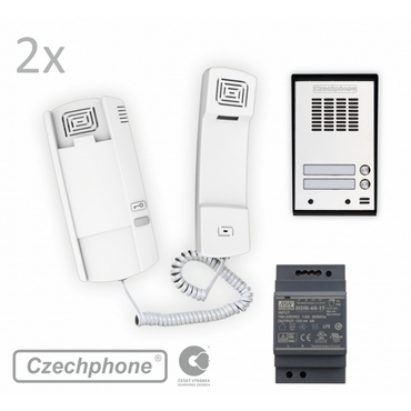Sada Czechphone DUO Standard VILLA na zeď pro 2 rodiny: 2x domovní telefon, zvonkové na zeď a síťový