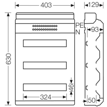 HEN KV 3554 Jističová skříň 3x 18 modulů, se svorkovnicí PE/N, kabelové vstupy přes elastické membrá