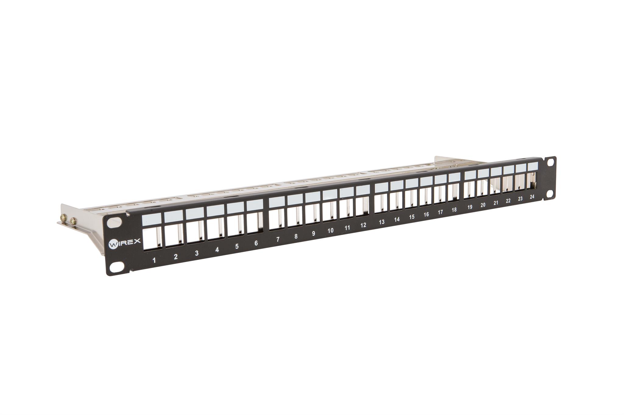 Patch panel WIREX WPP-M-S-24-1-BL, 19", 24x RJ45, 1U, vyvazovací lišta, modulární, černá