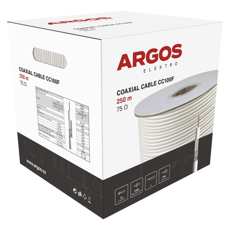 Kabel koaxiální ARGOS CC100F, PVC, vodič 1 mm, plášť 6,5 mm, vnitřní, bílá, 250 m