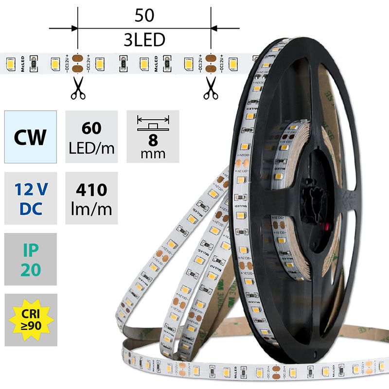LED pásek MC LED SMD2835 CW, 60LED/m, 4,8W/m, DC 12V, 410lm/m, CRI90, IP20, 8mm, 50m