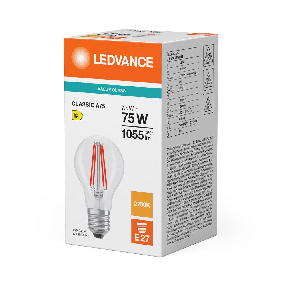 LED žárovka LEDVANCE LED CLA75 7.5W 827 FILCL E27 V, čiřá