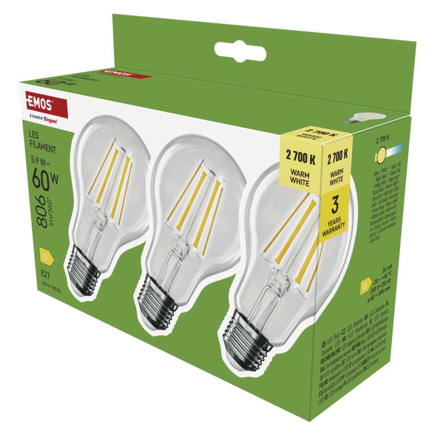 Emos LED žárovka Filament A60, E27, 5,9W (60W), 806lm, 2700K, 3 ks
