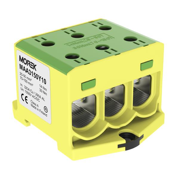 MOREK MAA3150Y10 Univerzální řadová svorka OTL 150-3xAl/Cu 25-150mm2 1000V zel/žlutá
