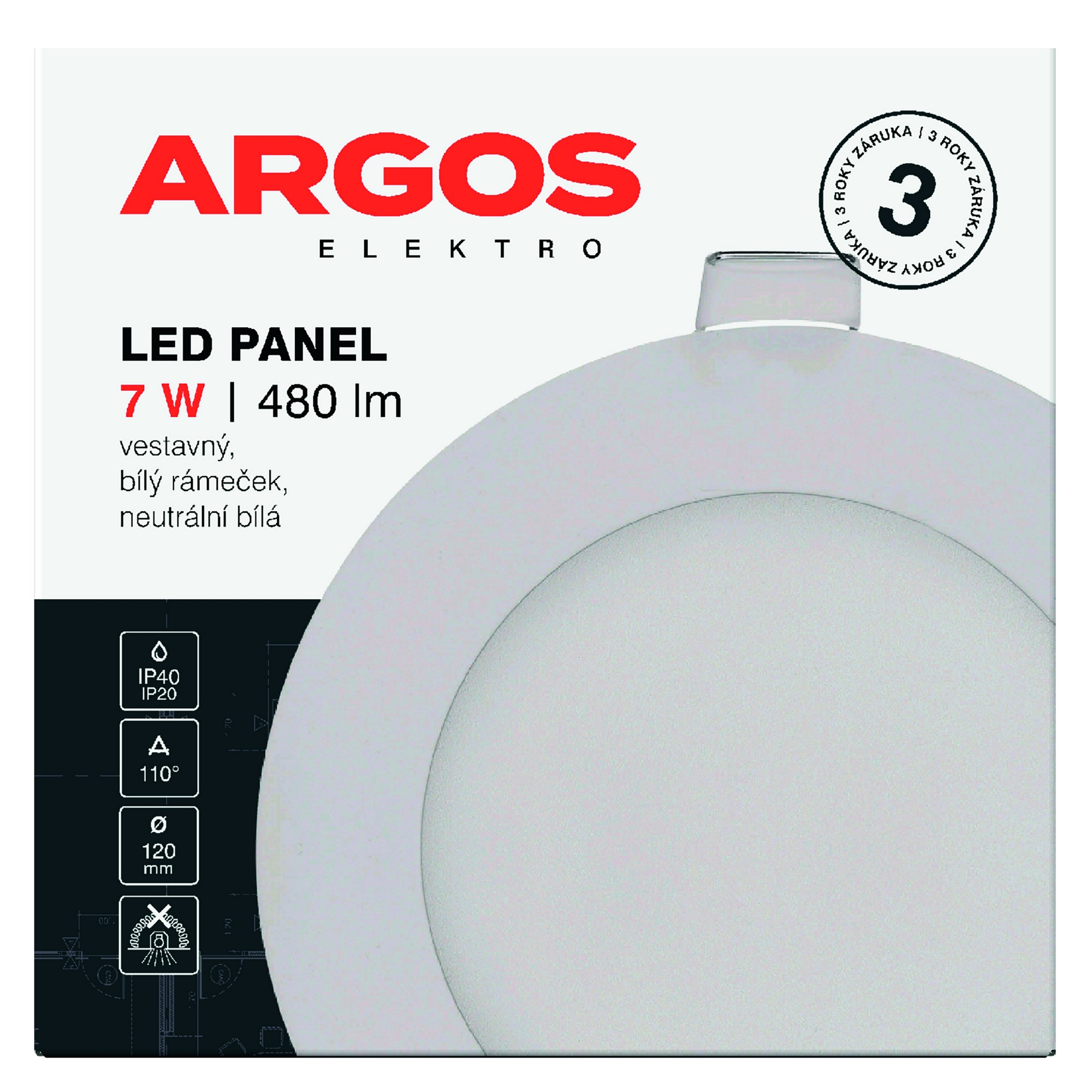 LED svítidlo vestavné ARGOS 7W, 480lm, IP40/20, NW, kruhové, bílé