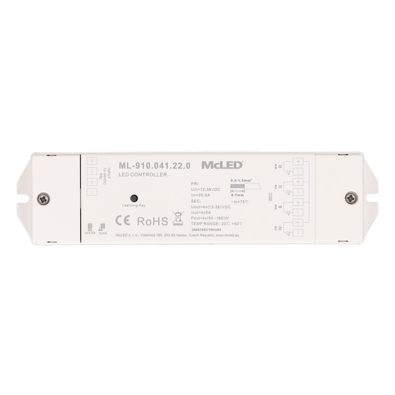 MC LED RF přijímač - řízení jasu, CCT, RGBW, 4 kanály, 4x