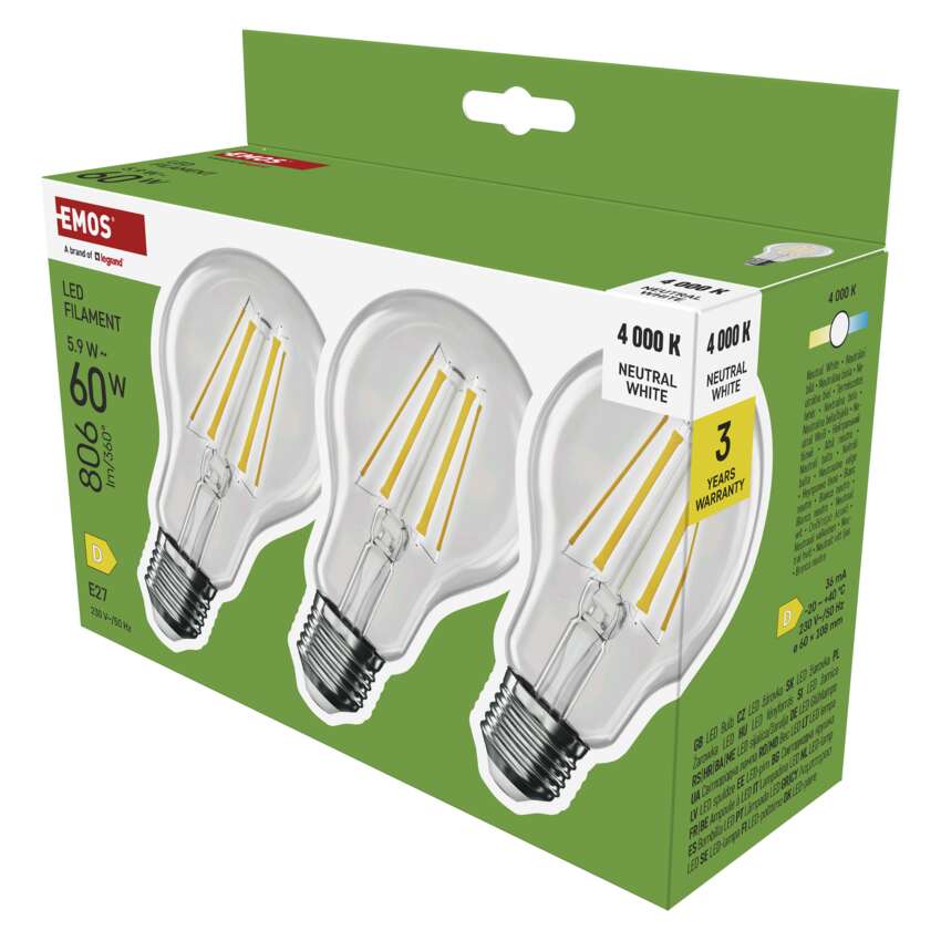 EMOS ZF5D43.3 LED FLM A60 5,9W(60W) 806lm E27 NW 3PC