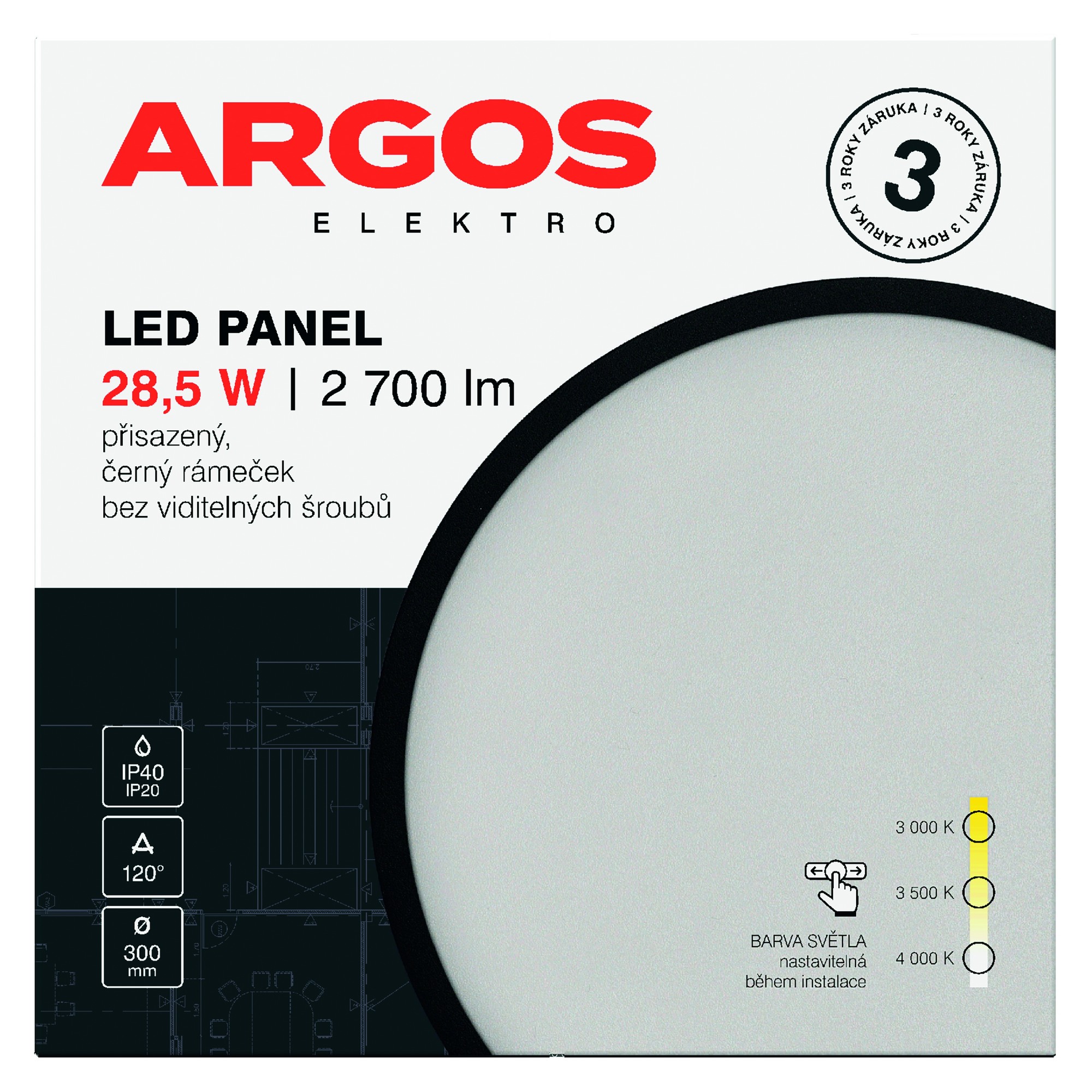 LED svítidlo přisazené ARGOS 28,5W, 2700lm, IP40/20, CCT, kruhové, černé
