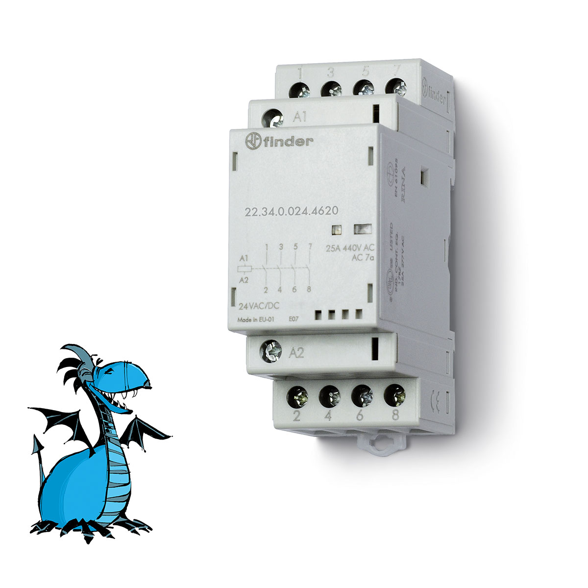 FINDER 22.34.0.024.4620 Stykač inst., 2Z+2R/25 A, 24 V AC/DC, AgSnO2
