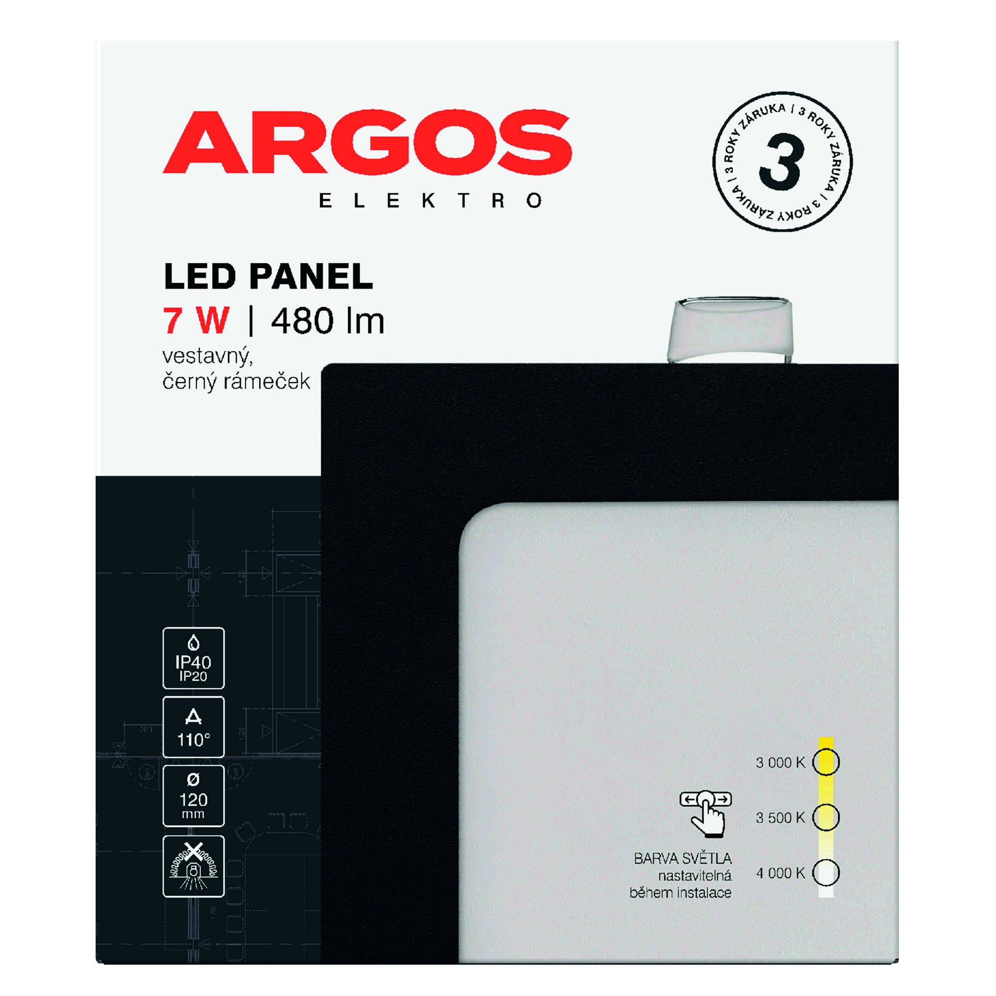 LED svítidlo vestavné ARGOS 7W, 480lm, IP40/20, CCT, čtvercové, černé