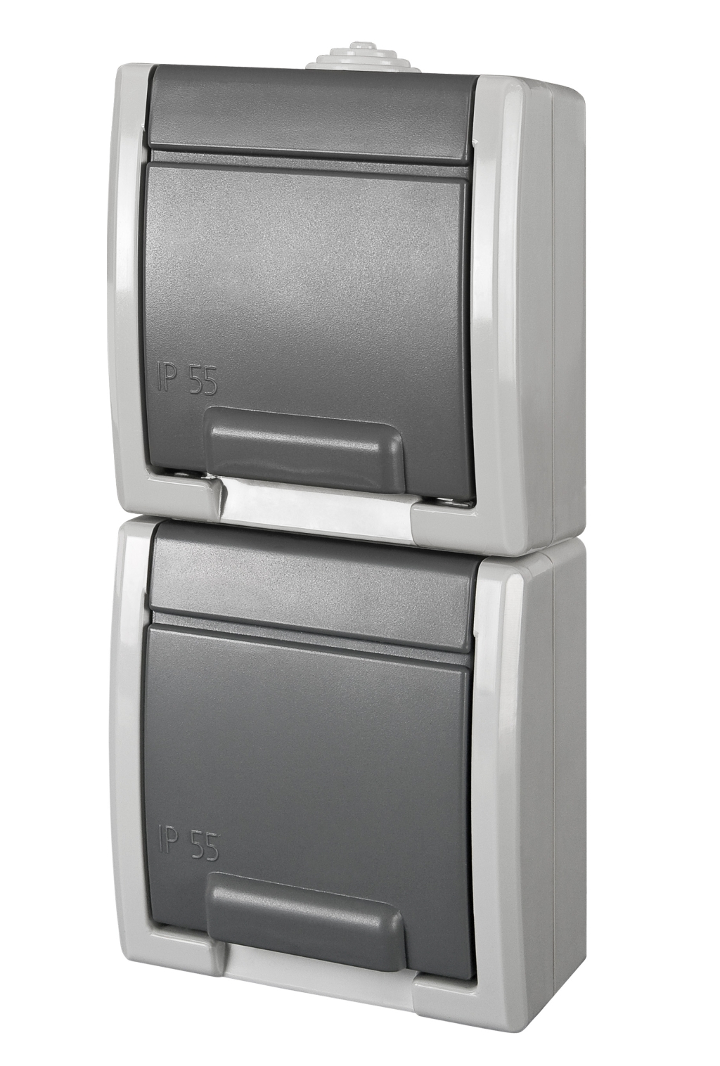 ATLAS IP55 Zásuvka 2x 2P+PE SCHUKO, 2-nás. svislá, šedá