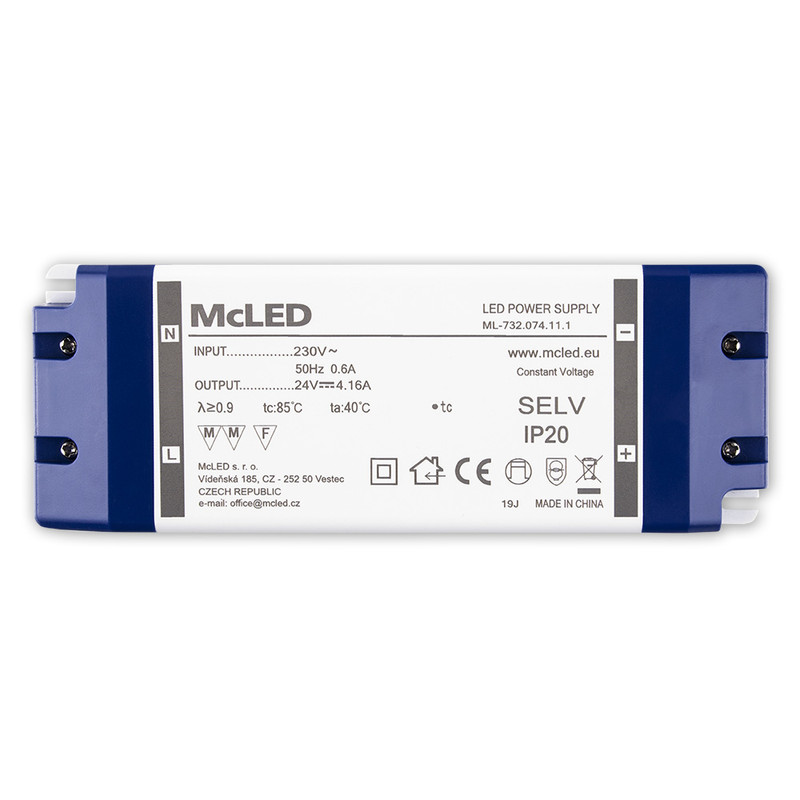 LED driver napěťový MC LED 100W, DC 24V/4,16A, IP20, plastové provedení se svorkovnicí