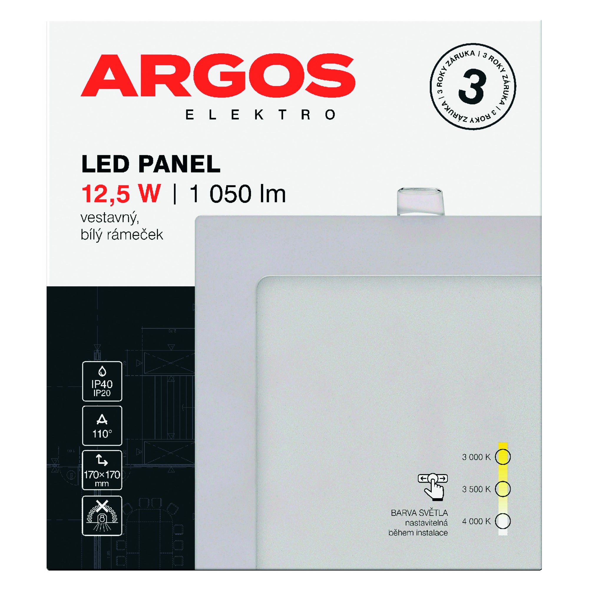 LED svítidlo vestavné ARGOS 12,5W, 1050lm, IP40/20, CCT, čtvercové, bílé