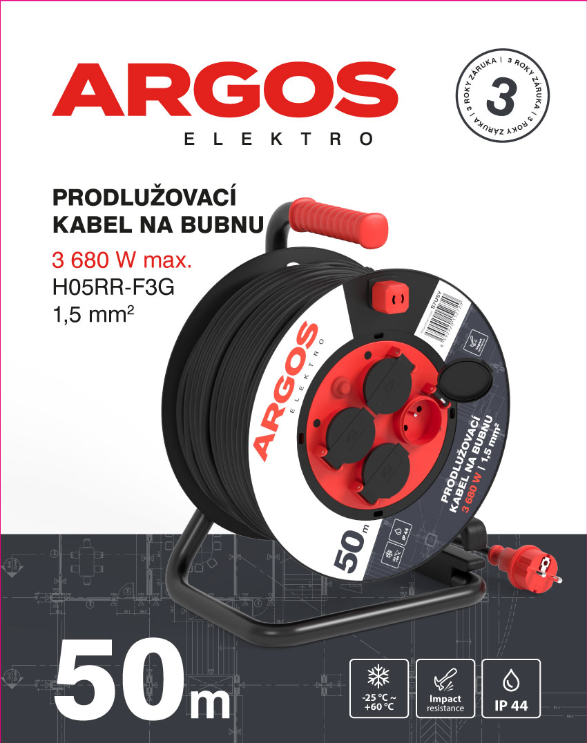 ARGOS  PRODLUŽOVACÍ KABEL NA BUBNU 4Z 50M 1,5MM GUMA