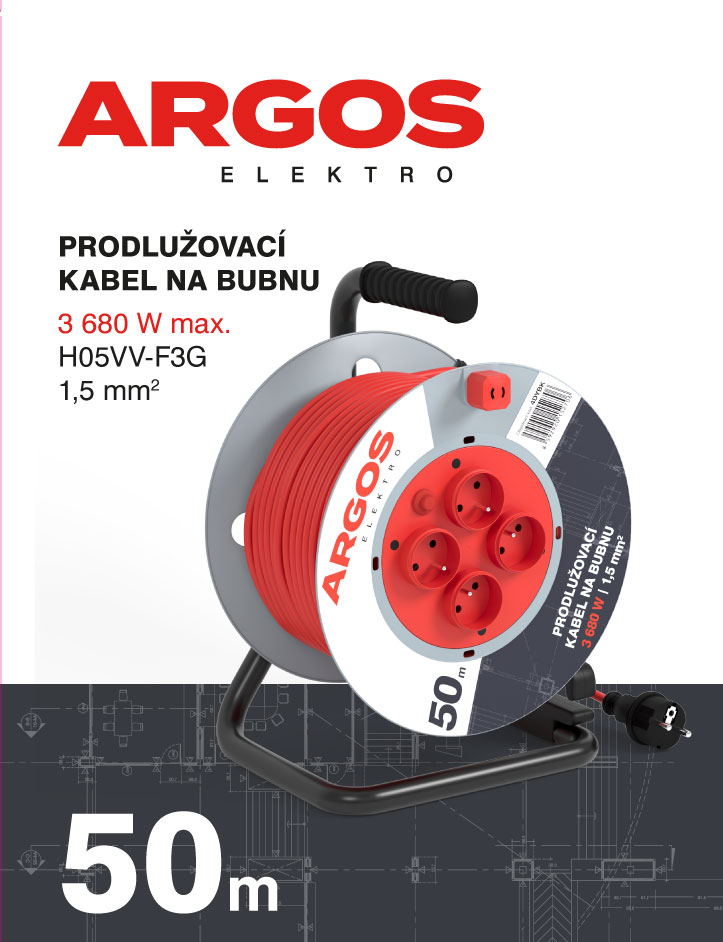 ARGOS  PRODLUŽOVACÍ KABEL NA BUBNU 4Z 50M 1,5MM PVC