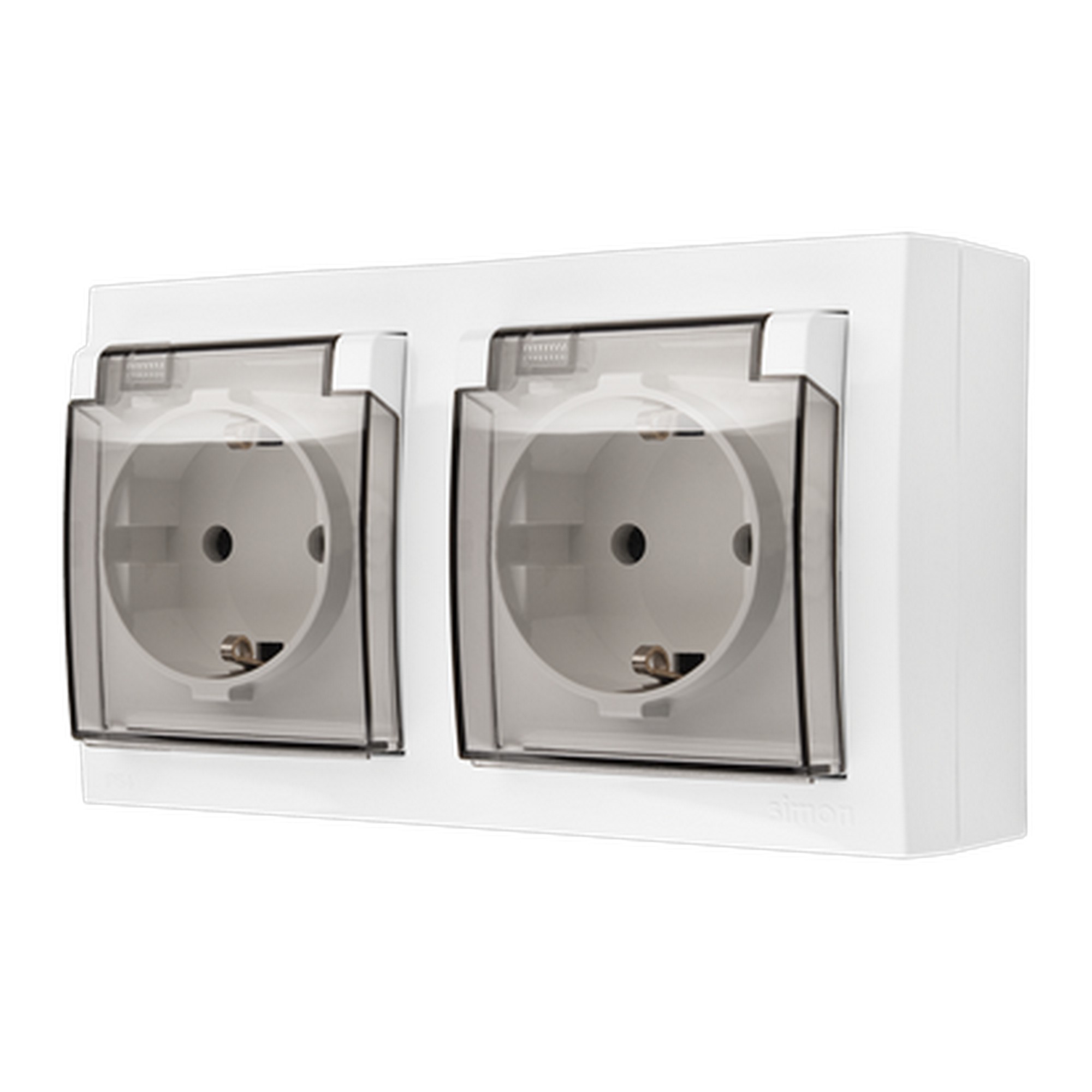Zásuvka SIMON AQUACLICK ACGSZ21C/11A, 2 nás., Schuko, IP44, průhl. víčko, 16A/250V~, bezšr. sv., b