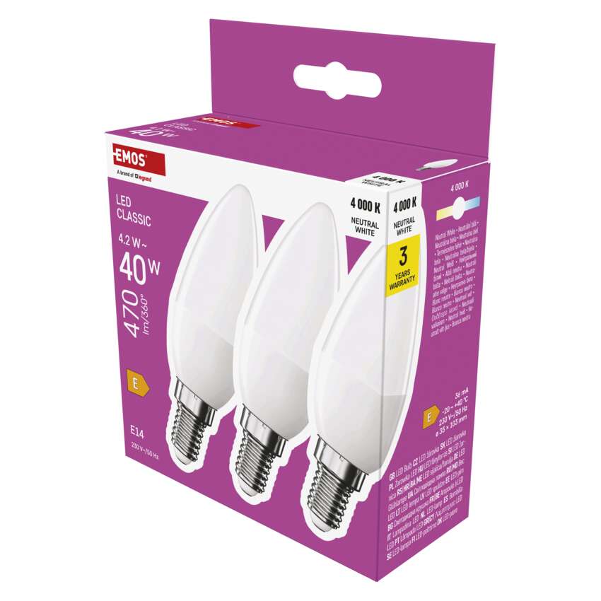 EMOS ZQ3E23.3 LED CLS CANDLE 4,2W(40W) 470lm E14 NW 3PC