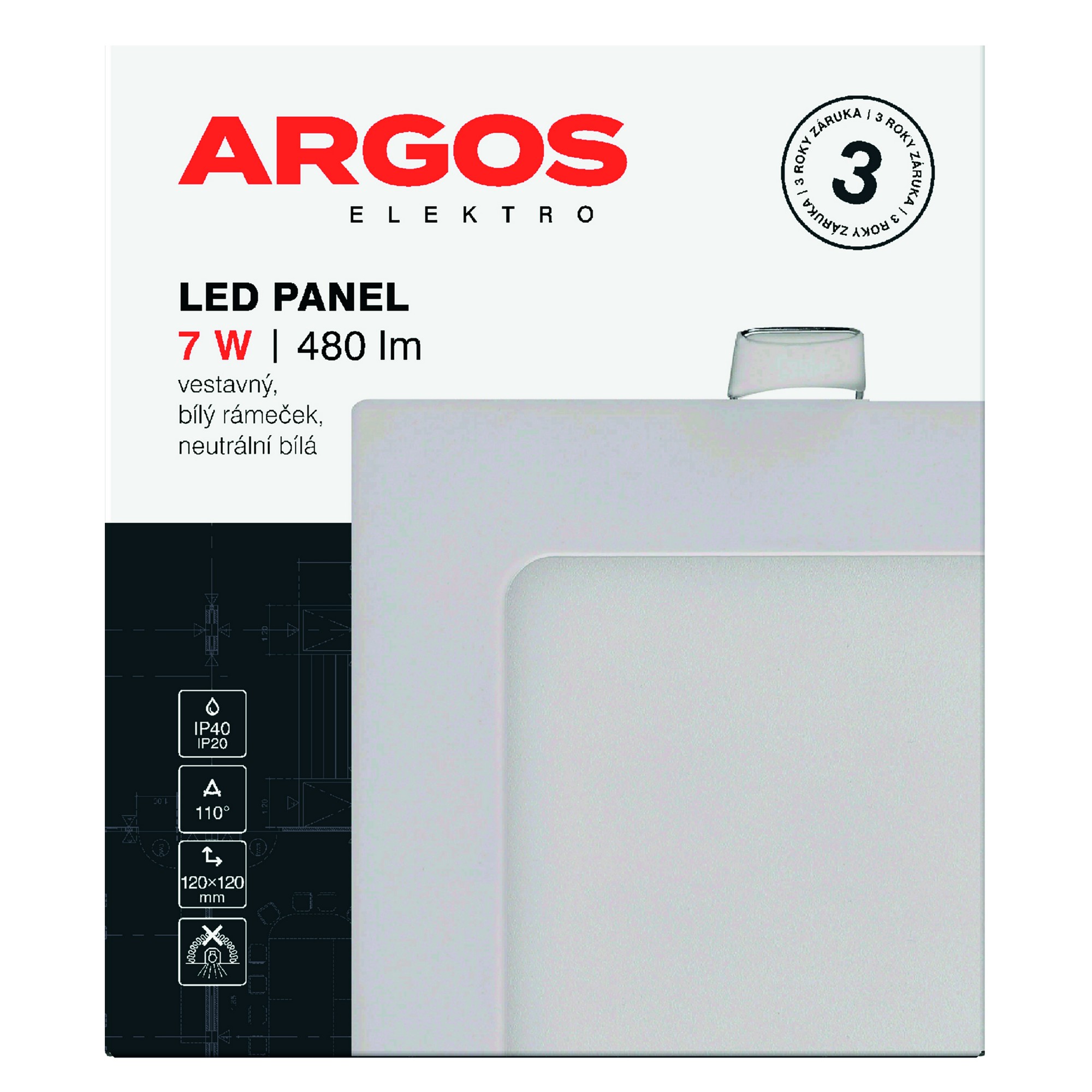 LED svítidlo vestavné ARGOS 7W, 480lm, IP40/20, NW, čtvercové, bílé