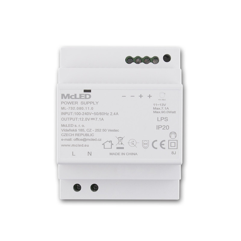 LED driver napěťový MC LED 90W, DC 12V/7,1A, IP20, na DIN lištu