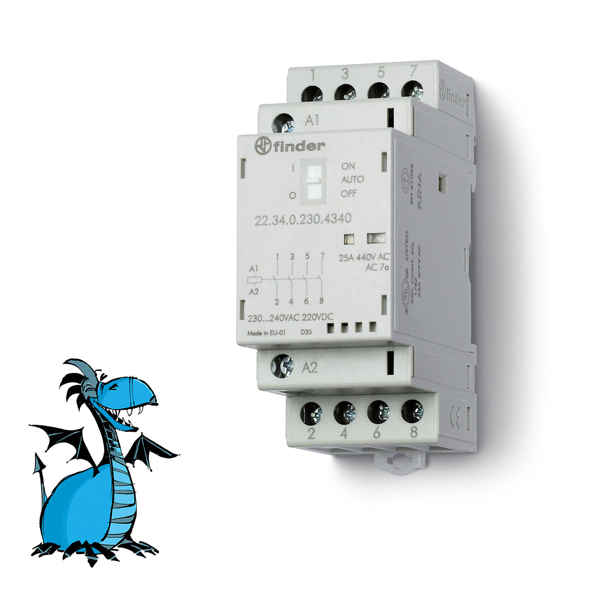FINDER 22.34.0.230.4340 Stykač inst., 4Z/25 A, 230 V AC/DC, AgSnO2, přep.