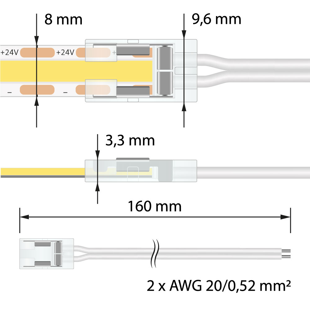 MC LED Připojovací konektor jednobarevných LED pásků šíře 8 mm, 2 piny, délka 150 mm, 20AWG, vodiče