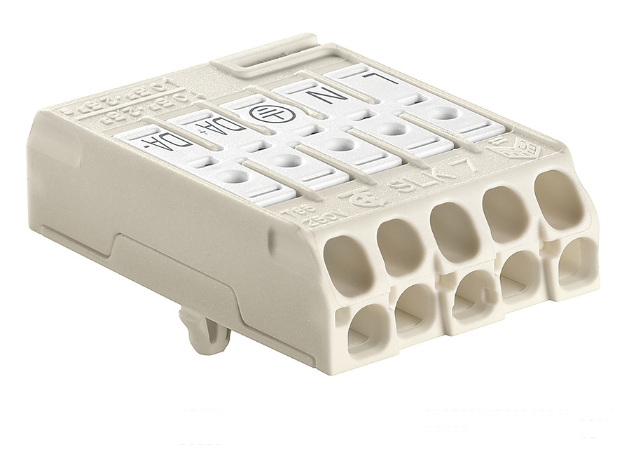 EL 1001641 Svorkovnice SLK 7/5 E-PIEC (L-N-E-DA+-DA-) pro svítidla, bezšroubová, PC, bílá /88168391