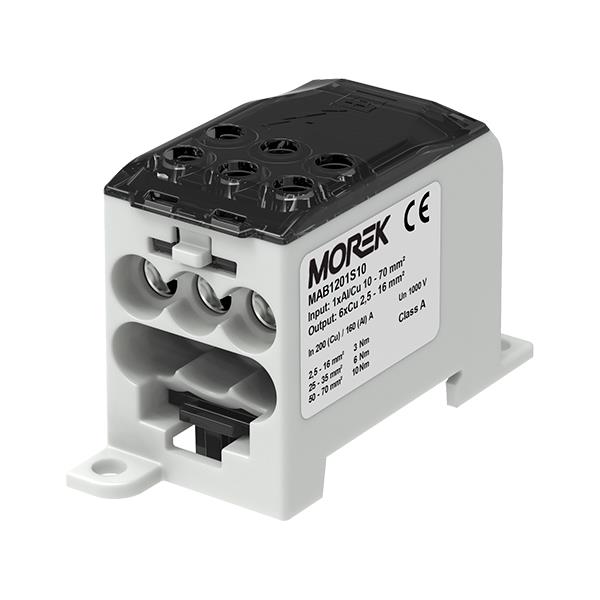 MOREK MAB1201S10 Distribuční blok OJL 200A, vstup 1xAl/Cu70mm2, výstup 6x16mm2 šedý