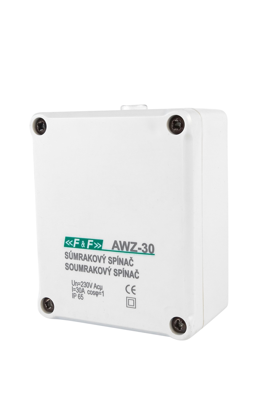 Spínač soumrakový F&F AWZ-30 1601004, 2-1000lux, 30A, 230V, IP65, na povrch