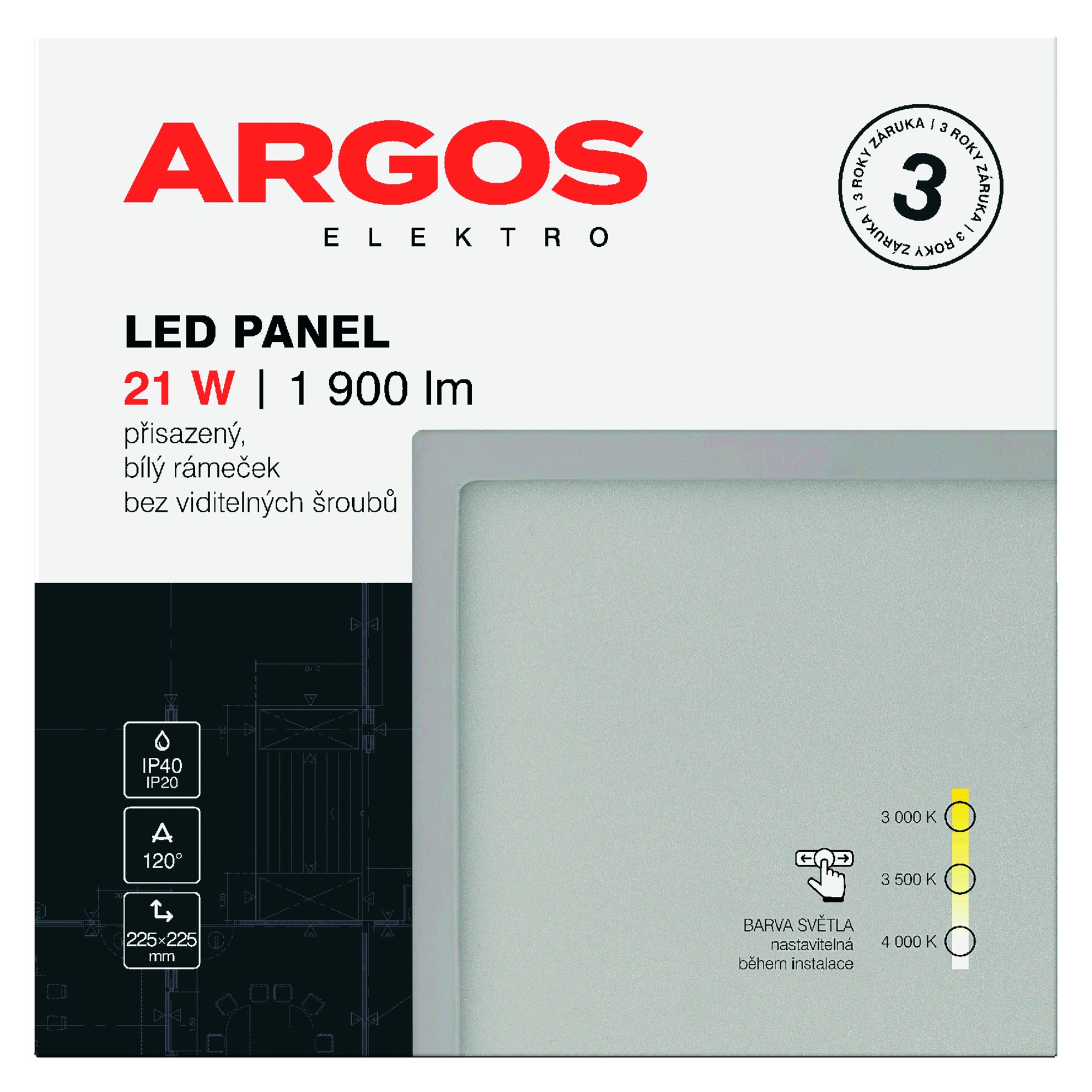 LED svítidlo přisazené ARGOS 21W, 1900lm, IP40/20, CCT, čtvercové, bílé