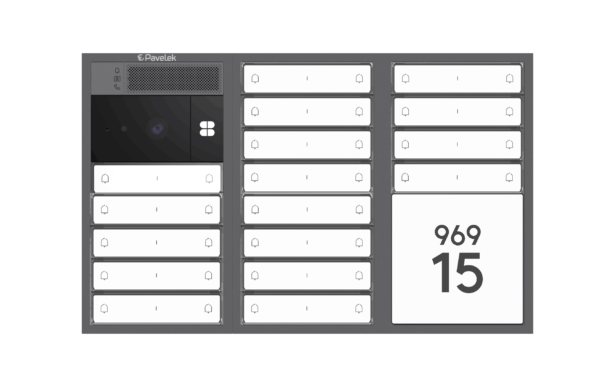 DV SYSTEM: 27 až 34 tlačítek (dělené jm.) + KAMERA a textové pole (2M+2M+2M) - Na zeď