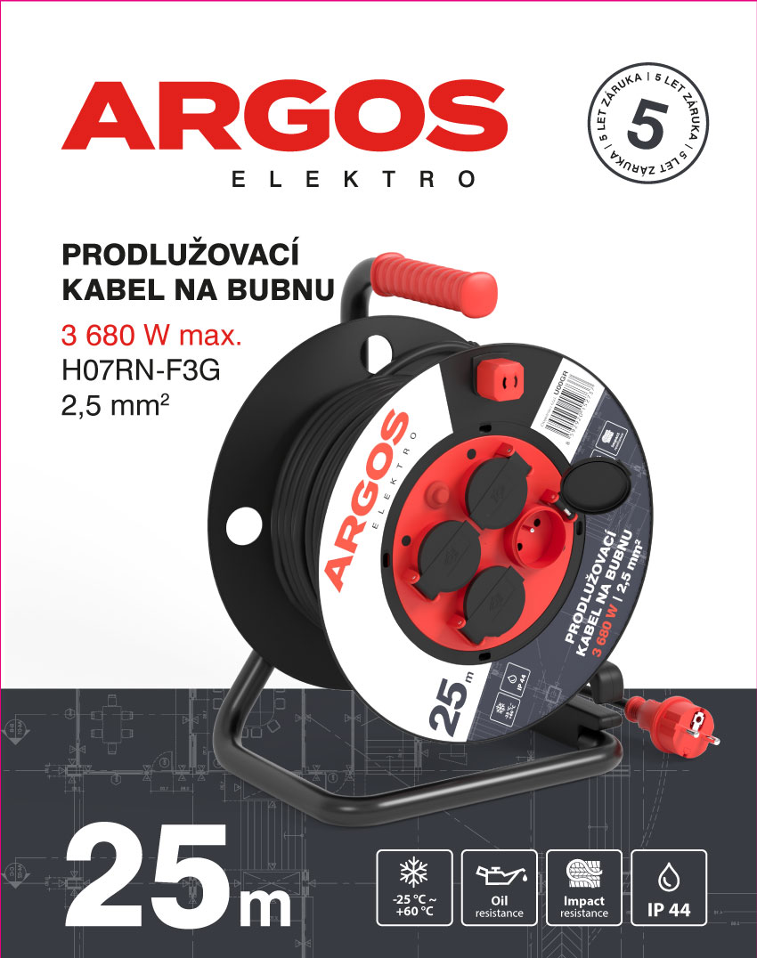 ARGOS PRODLUŽOVACÍ KABEL NA BUBNU 4Z 25M 2,5MM GUMA//NEOPREN