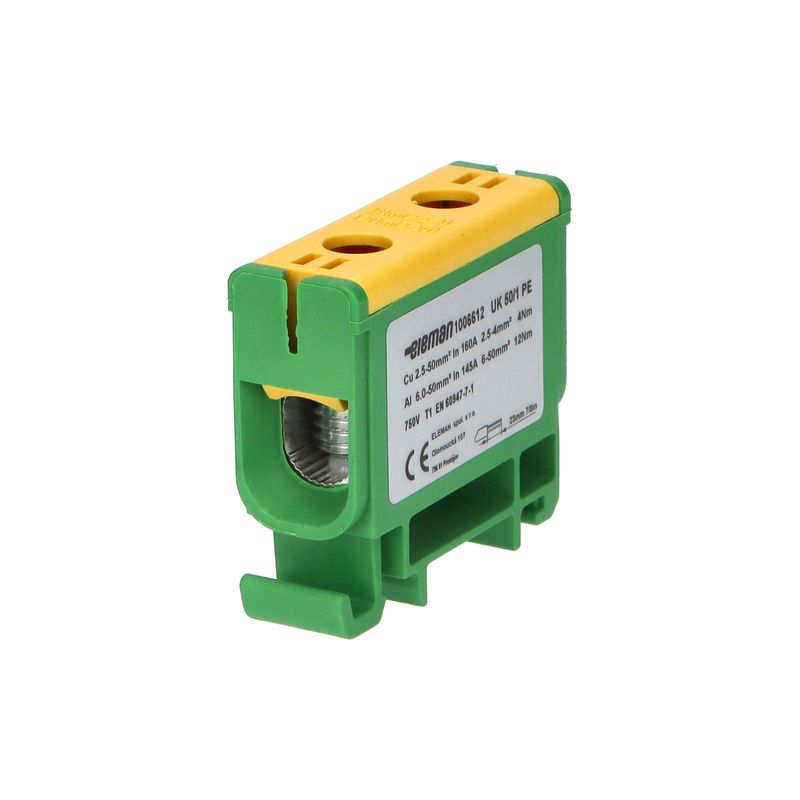 Svorka univerzální ELEMAN 1006612, UK 50/1 PE, 160A, 1pól., AL/CU, krytá, ze.-žl., na DIN