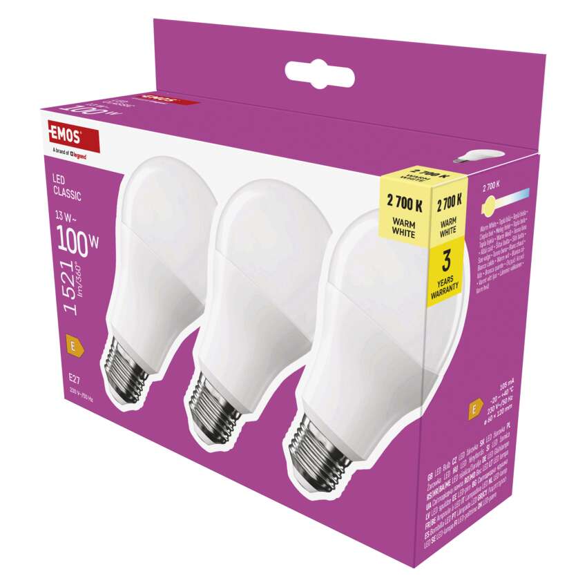 EMOS ZQ5E61.3 LED CLS A60 13W(100W) 1521lm E27 WW 3PC