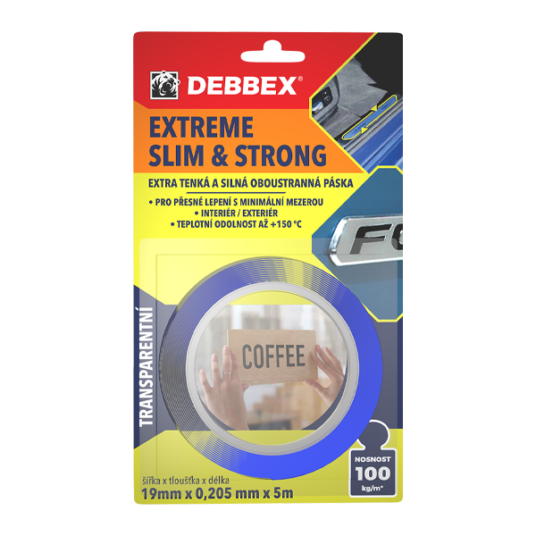 Páska oboustranná DEBBEX B8250BD Extreme Slim Clear 19mm x 0,205mm x 5m BLISTR, 3"core