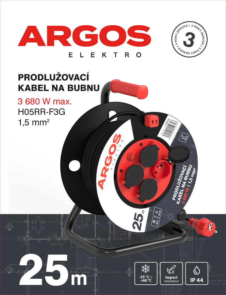 ARGOS  PRODLUŽOVACÍ KABEL NA BUBNU 4Z 25M 1,5MM GUMA