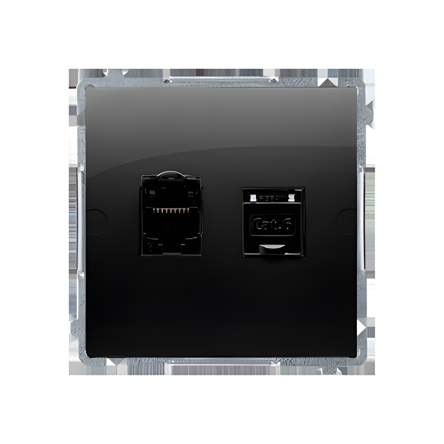 Zásuvka datová SIMON BASIC BM62.01/49, 2 násobná RJ45 kat. 6, s protiprachovými clonkami, černá ma