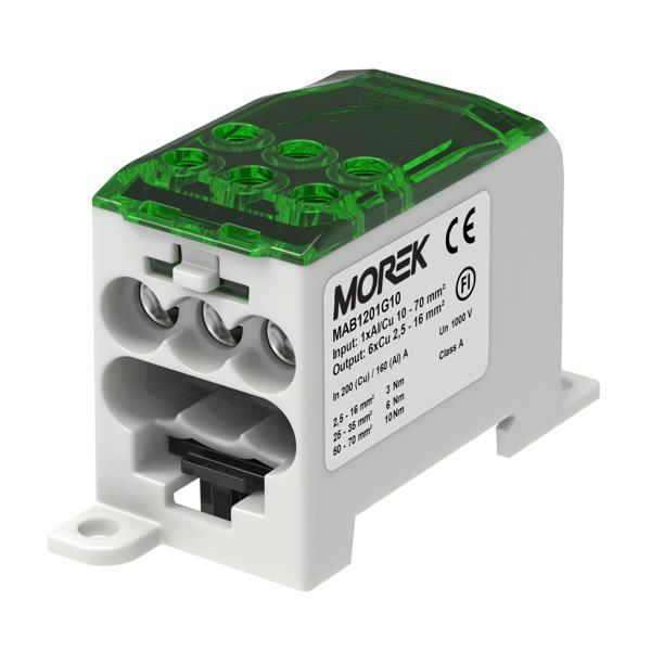 MOREK MAB1201G10 Distribuční blok OJL 200A, vstup 1xAl/Cu70mm2, výstup 6x16mm2 zelený