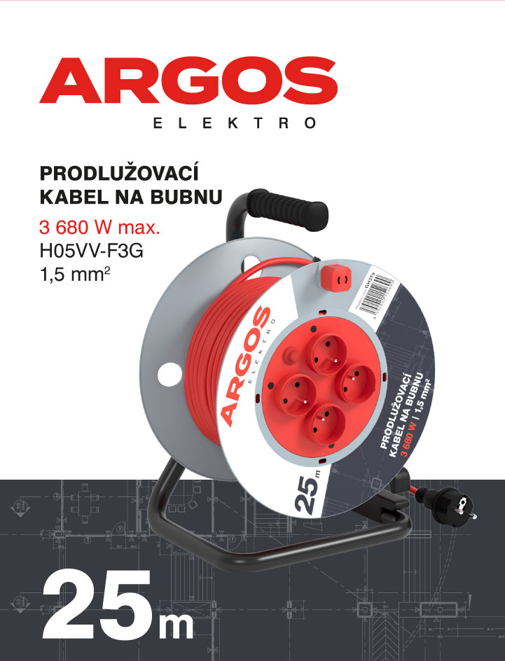 ARGOS  PRODLUŽOVACÍ KABEL NA BUBNU 4Z 25M 1,5MM PVC
