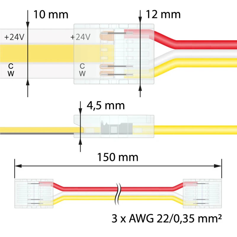 MC LED Flexibilní spojka dvou CCT LED pásků šíře 10 mm, 3 piny, délka propoje 150 mm, kabel