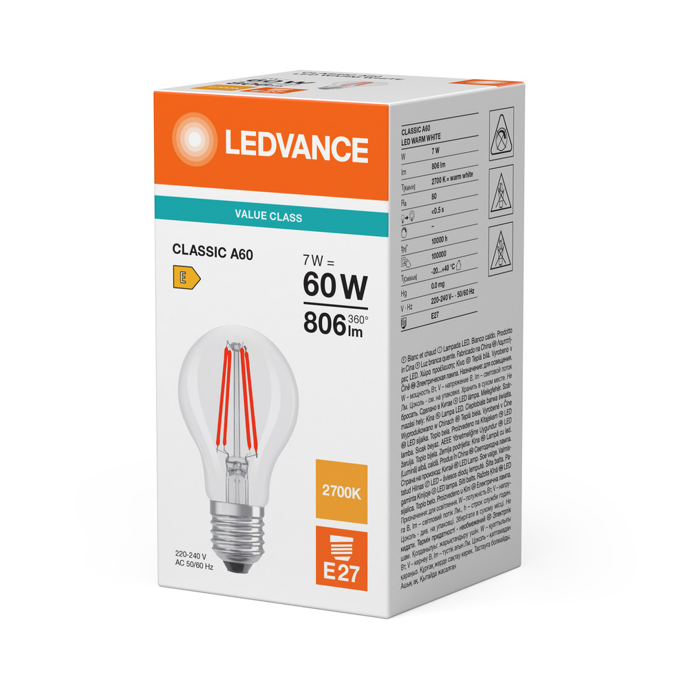 LED žárovka LEDVANCE LED CLA60 7W 827  FILCL  E27 V