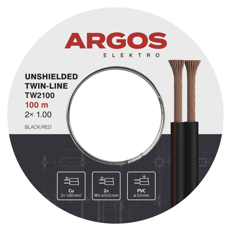 Dvojlinka nestíněná ARGOS TW2100, 2x 1,00 mm, černo-rudá, 100 m