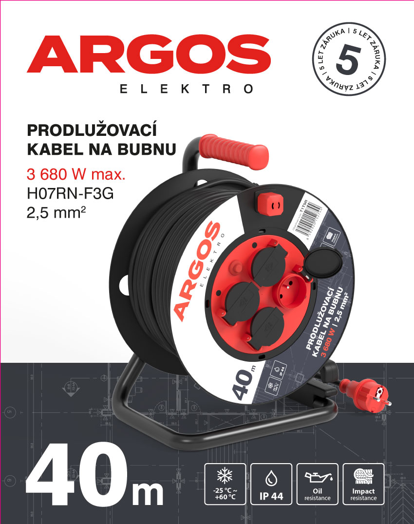 ARGOS PRODLUŽOVACÍ KABEL NA BUBNU 4Z 40M 2,5MM GUMA//NEOPREN