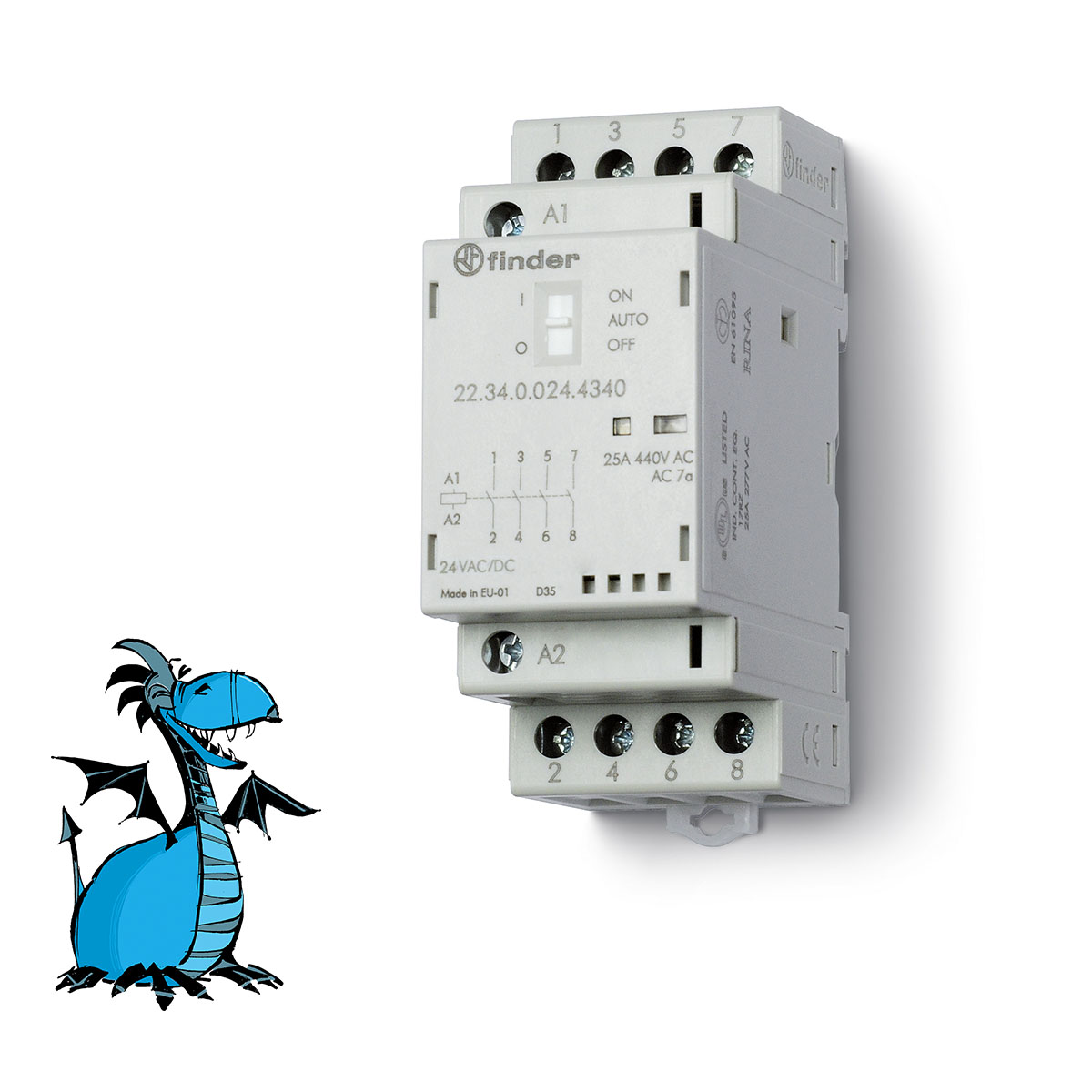 FINDER 22.34.0.024.4340 Stykač inst., 4Z/25 A, 24 V AC/DC, AgSnO2, přep.