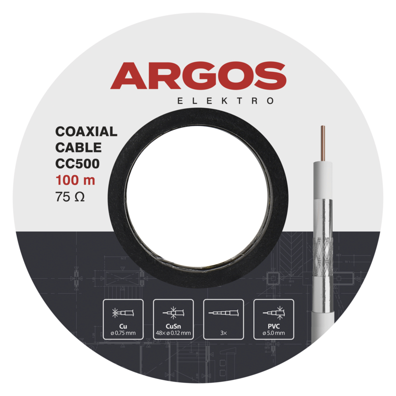 Kabel koaxiální ARGOS CC500, PVC, vodič 0,75 mm, plášť 5 mm, vnitřní, bílá, 100 m