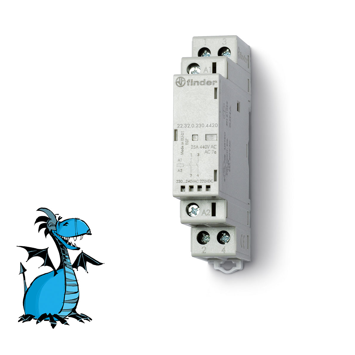 FINDER 22.32.0.230.4420 Stykač inst., 2R/25 A, 230 V AC/DC, AgSnO2