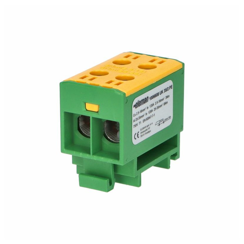 Svorka univerzální ELEMAN 1006608, UK 35/2 PE, 135A, 1pól., AL/CU, krytá, zel.-žl., na DIN
