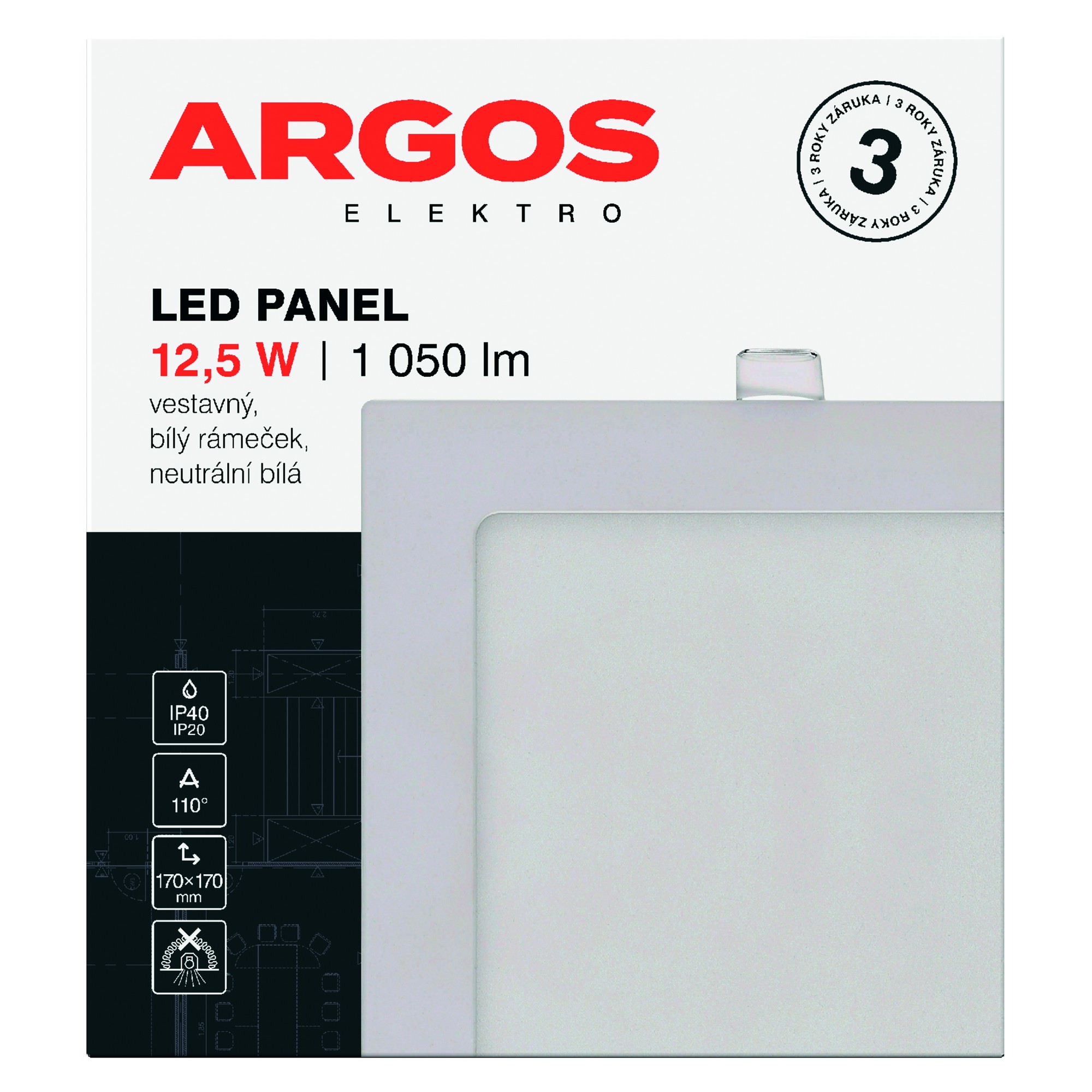 LED svítidlo vestavné ARGOS 12,5W, 1050lm, IP40/20, NW, čtvercové, bílé